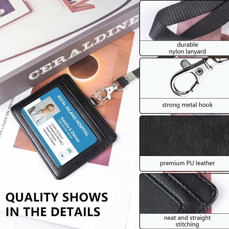 Teskyer Badge Holder with Lanyard, Leather ID Name Badge Card Holder with Lanyard for ID Badges, Horizontal Black - Image 3